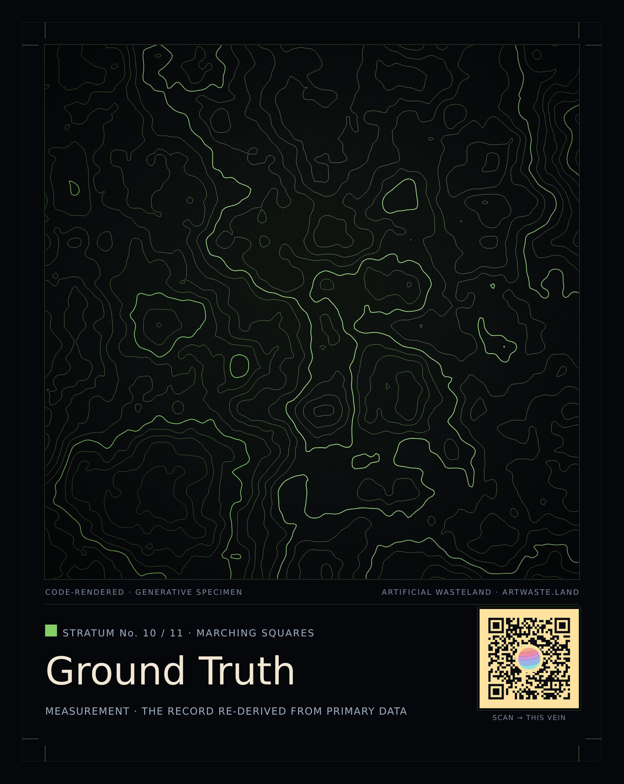 Ground Truth — Marching-squares contours: iso-lines surveyed across a measured field — the terrain re-derived