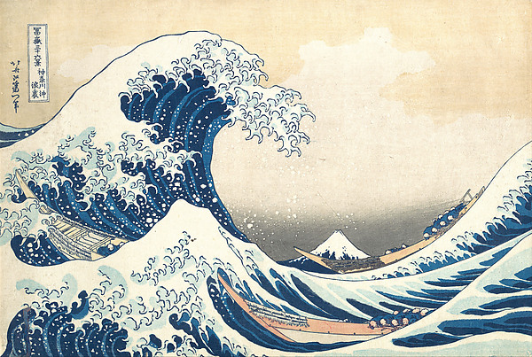 Hokusai's 'Under the Wave off Kanagawa' (The Great Wave): a towering, claw-like wave curls over three boats, with Mount Fuji small in the distance.