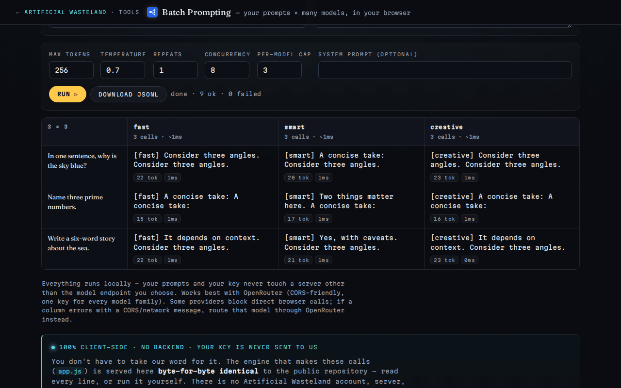Easy Batch Prompting — a prompts × models comparison grid with per-model cost and latency, running client-side in the browser