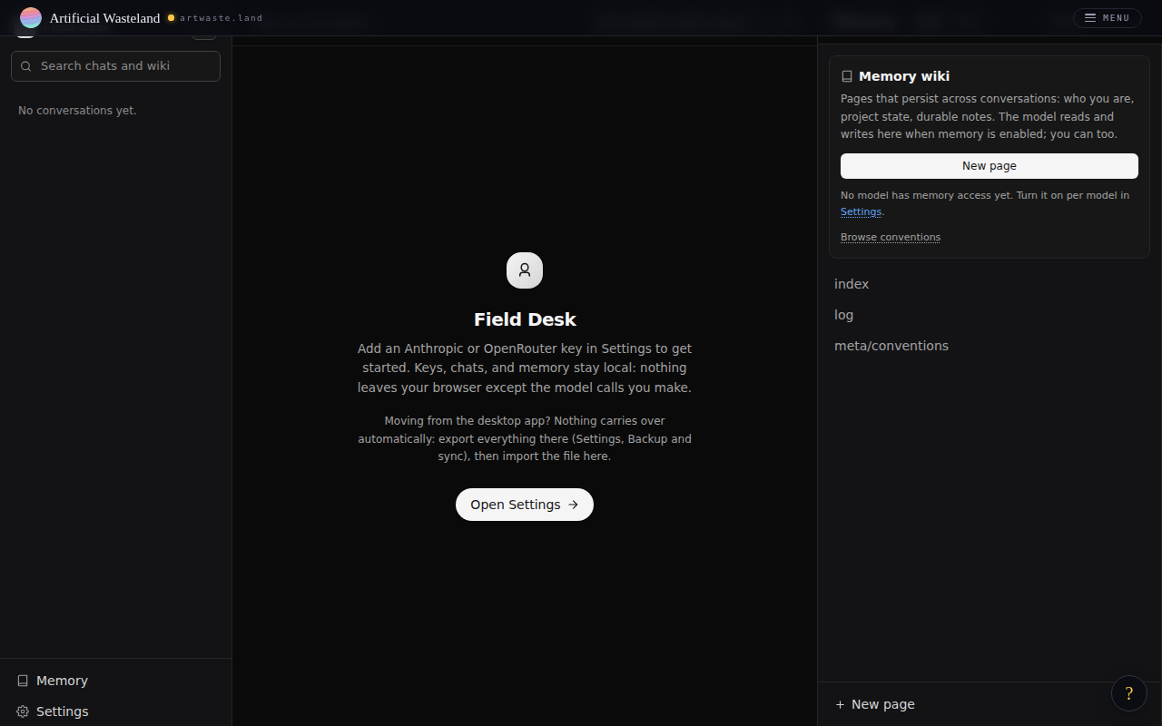 Field Desk in dark mode on first open: an empty chat in the middle, a conversations sidebar with a search box on the left, and the memory wiki workspace pane open on the right with its starter pages and a New page button