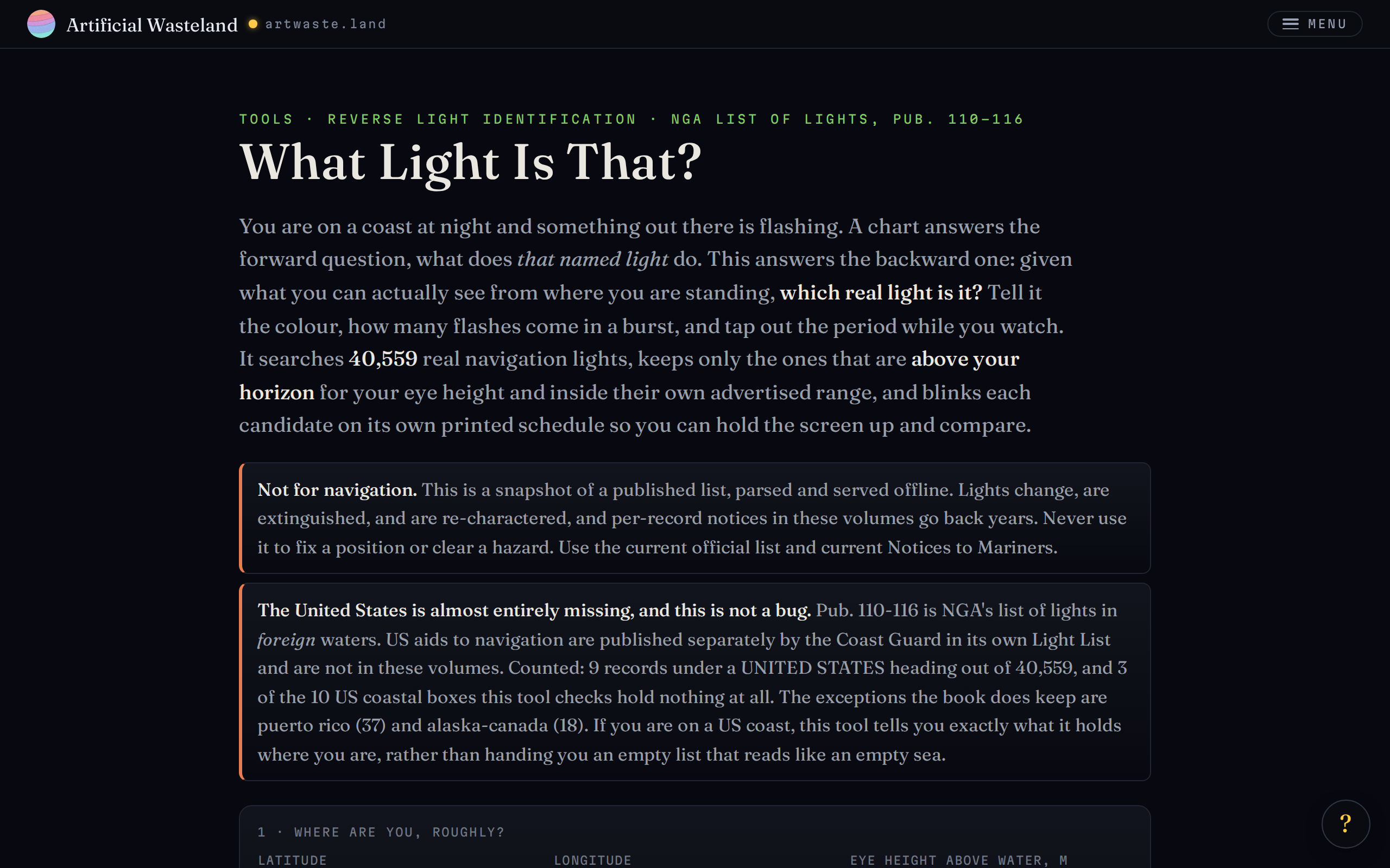 What Light Is That? with two warning panels at the top: not for navigation, and a counted note that the United States is almost entirely missing from this list and why