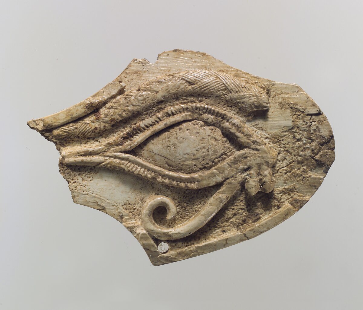 A shield-shaped ivory plaque, cream-coloured, pitted with age and broken away at one corner, carved in relief with a single Egyptian wedjat eye: a lidded almond eye under a hatched brow, with a spiral curl and a long tapering line beneath it.