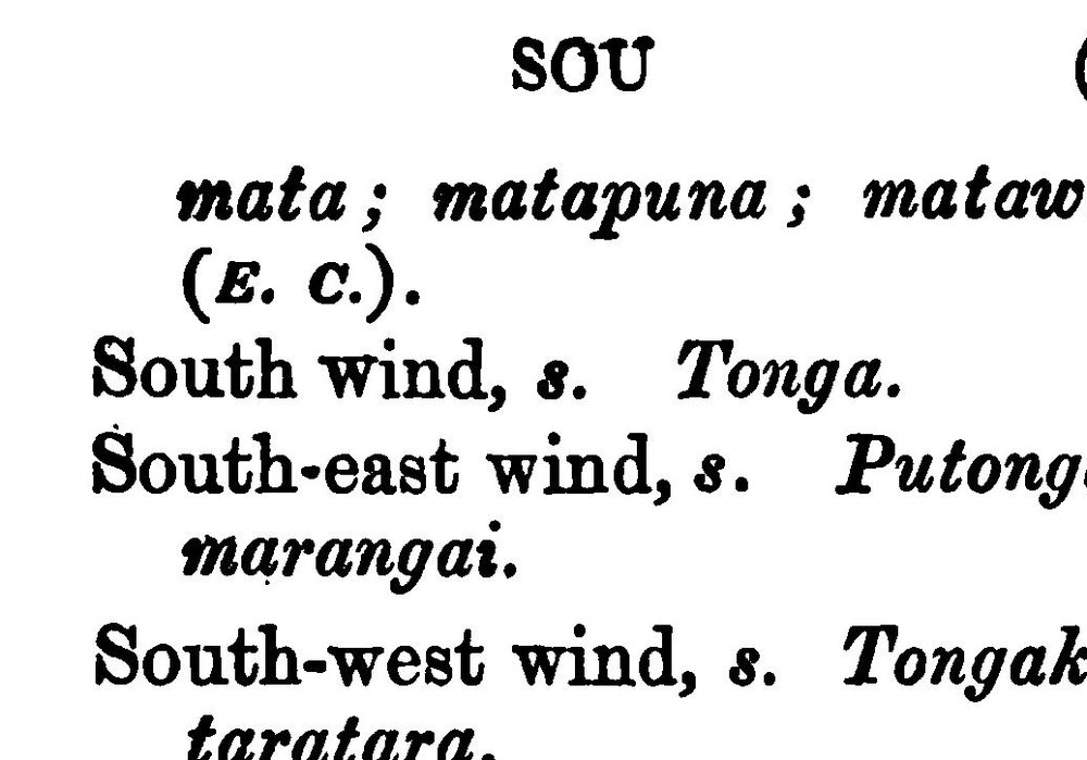 The head of a printed dictionary column: the tail of an entry reading mata; matapuna; matawai (E.C.), then South wind, s. Tonga. South-east wind. South-west wind. Sow, v. Rui. Space, s. Takiwa; wa.