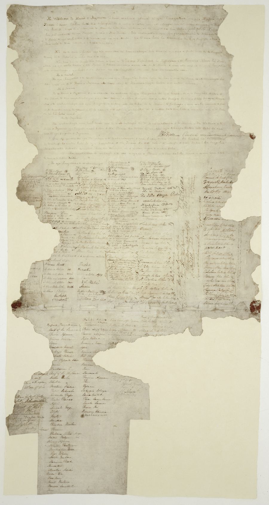 The whole Waitangi sheet: one large sheet with the Māori text at the top and many columns of signatures and marks below.